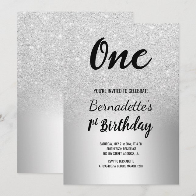 Silver glitter ombre metallic first Birthday Invitation (Front/Back)