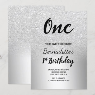 Silver glitter ombre metallic first Birthday Invitation