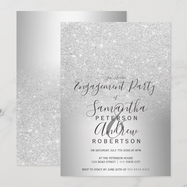 Silver glitter ombre metallic foil engagement invitation (Front/Back)