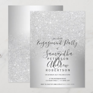 Silver glitter ombre metallic foil engagement invitation