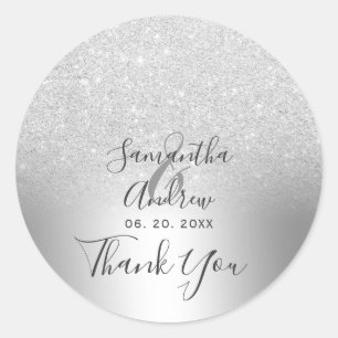 Silver glitter ombre metallic foil thank you classic round sticker