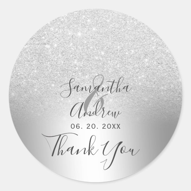 Silver glitter ombre metallic foil thank you classic round sticker (Front)