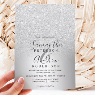 Silver glitter ombre metallic foil wedding invitation