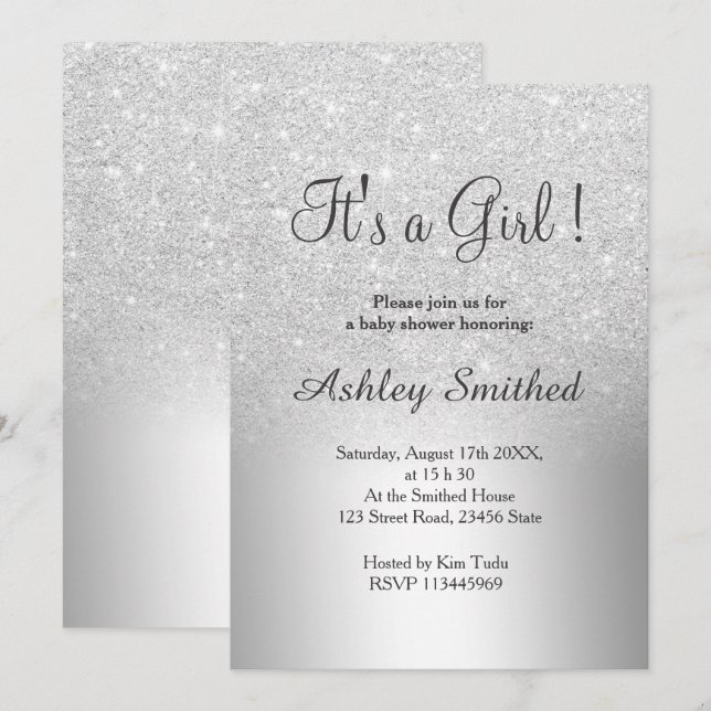 Silver glitter ombre metallic girl baby shower invitation (Front/Back)