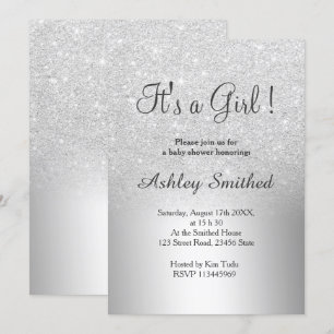 Silver glitter ombre metallic girl baby shower invitation