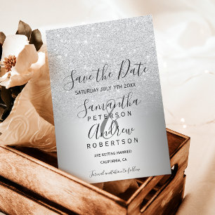 Silver glitter ombre metallic save the date announcement postcard