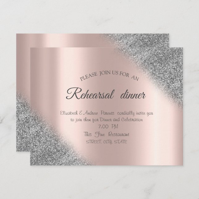 Silver Glitter Ombre Rose Gold Rehearsal Dinner  Invitation (Front/Back)