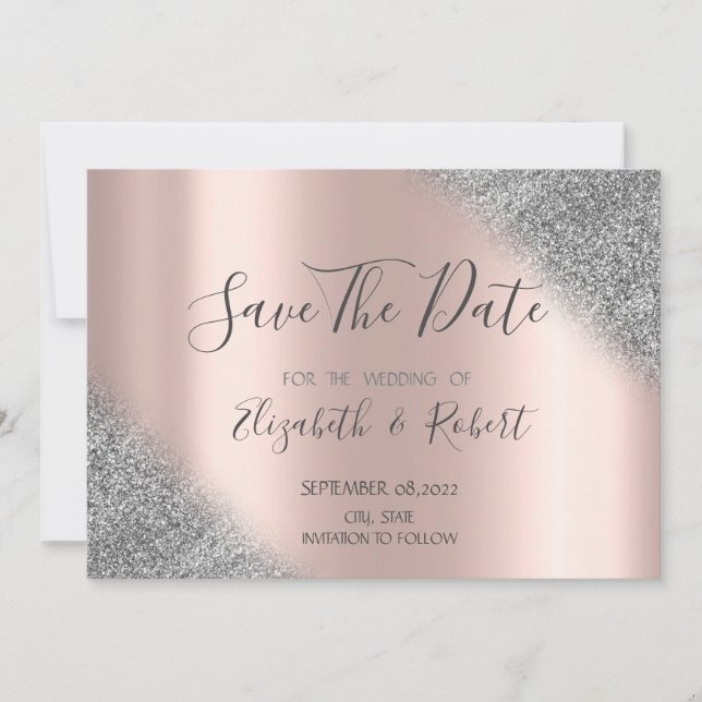 Silver Glitter Ombre Rose Gold Save The Date (Front)