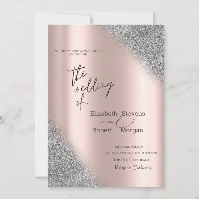 Silver Glitter Ombre Rose Gold Wedding  Invitation (Front)
