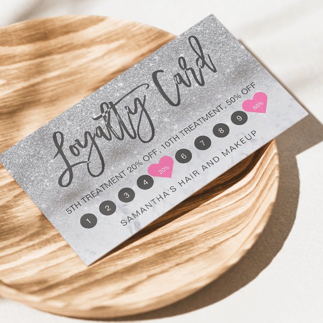 Silver glitter ombre script makeup marble 10 loyalty card (Creator Uploaded)