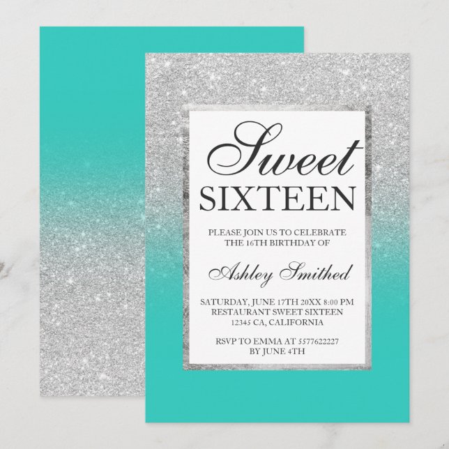 Silver glitter ombre turquoise chic Sweet 16 Invitation (Front/Back)