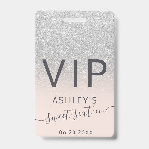 silver glitter ombre typography blush Sweet 16 VIP ID Badge