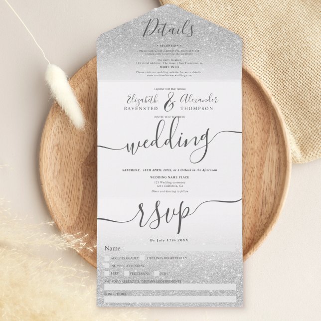 Silver glitter ombre white script wedding all in one invitation (Creator Uploaded)