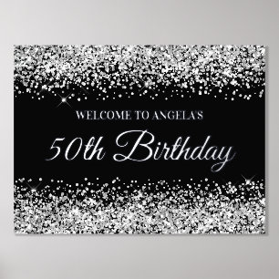 Silver Glitter on Black 50th Birthday Welcome Foil Prints