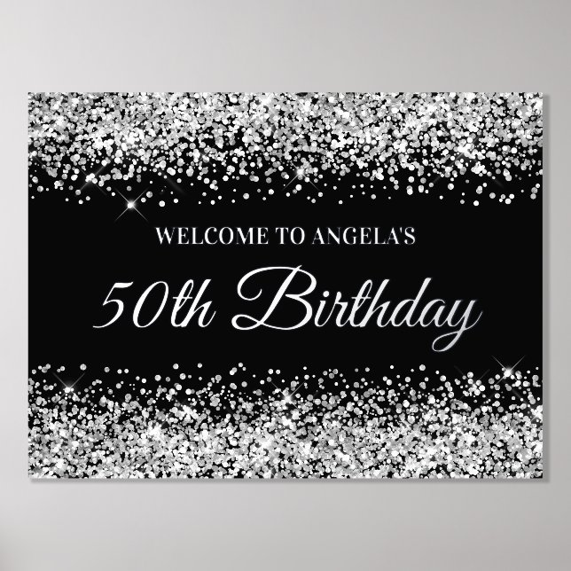 Silver Glitter on Black 50th Birthday Welcome Foil Prints (Front)
