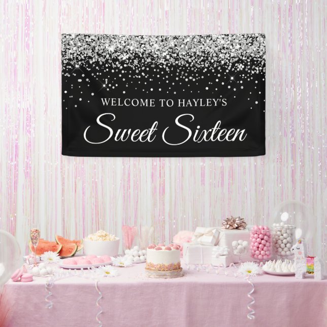 Silver Glitter on Black Sweet Sixteen Banner (Party)