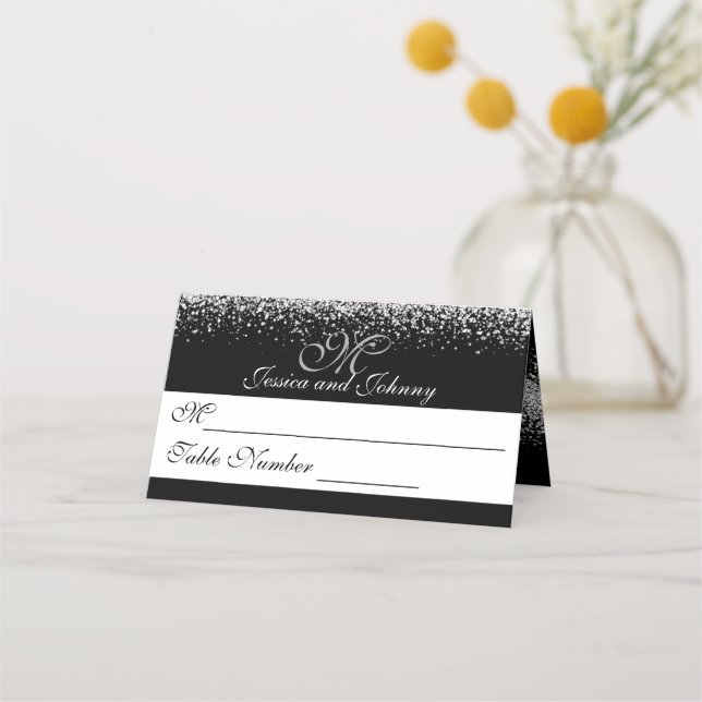 Silver Glitter on Black Wedding Place Card (Front)
