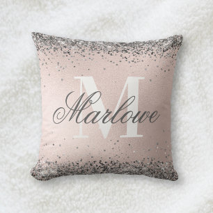 Silver Glitter on Blush Pink Monogram Cushion