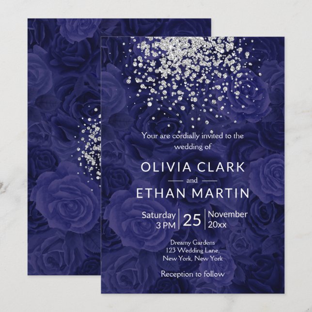 Silver Glitter on Royal Blue Roses Invitation (Front/Back)