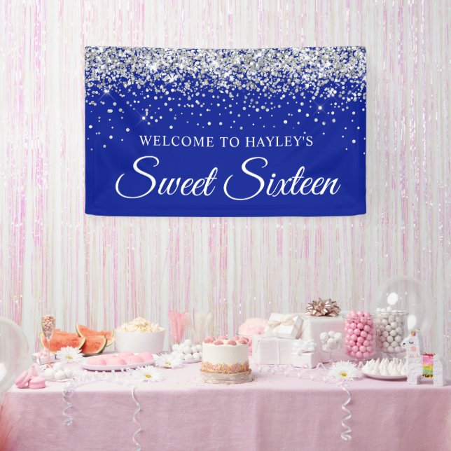 Silver Glitter on Royal Blue Sweet Sixteen Banner (Party)