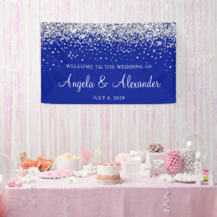 Silver Glitter on Royal Blue Wedding Welcome Banner
