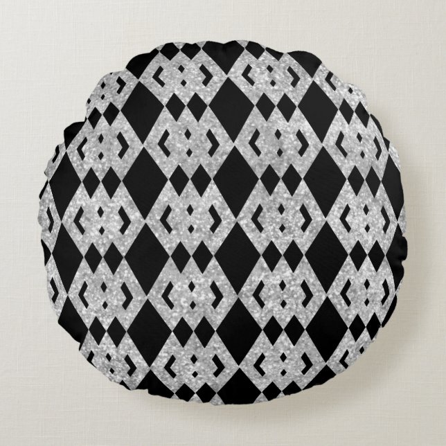 Silver Glitter Overlap Diamond Pattern Round Cushion (Front)