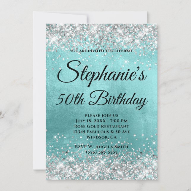 Silver Glitter Pale Aqua Blue Foil Fancy Monogram Invitation (Front)