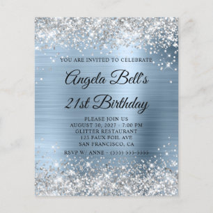 Silver Glitter Pale Blue 21st Birthday Invite Flyer