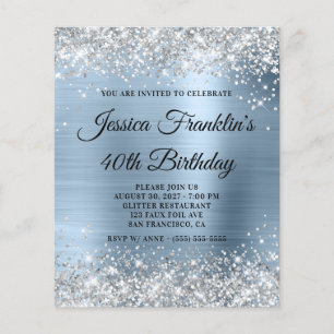 Silver Glitter Pale Blue 40th Bday Budget Invite