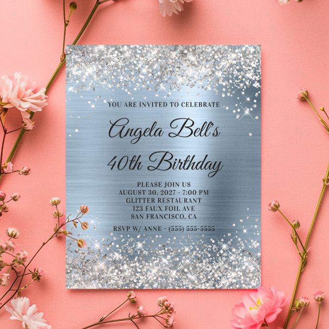 Silver Glitter Pale Blue 40th Birthday Invite Flyer (Silver Glitter Pale Blue 40th Birthday Invite Flyer)