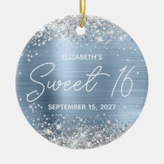 Silver Glitter Pale Blue Fancy Sweet 16 Photo Ceramic Tree Decoration