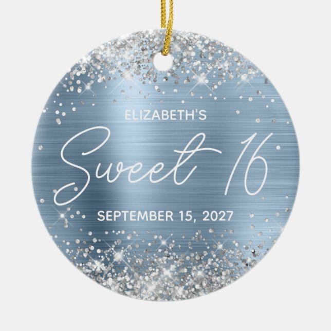 Silver Glitter Pale Blue Fancy Sweet 16 Photo Ceramic Tree Decoration (Front)