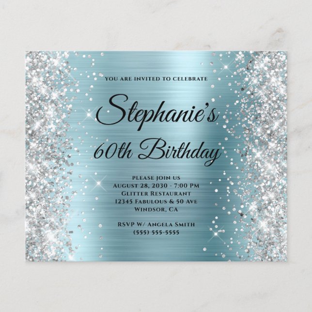 Silver Glitter Pale Blue Foil 60th Birthday Flyer (Front)