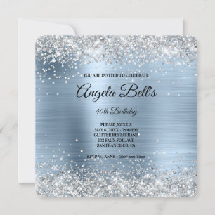 Silver Glitter Pale Blue Foil Fancy Monogram Invitation