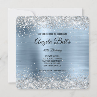 Silver Glitter Pale Blue Foil Fancy Monogram Invitation