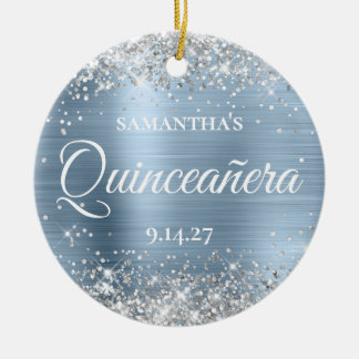 Silver Glitter Pale Blue Quinceañera Photo Ceramic Tree Decoration