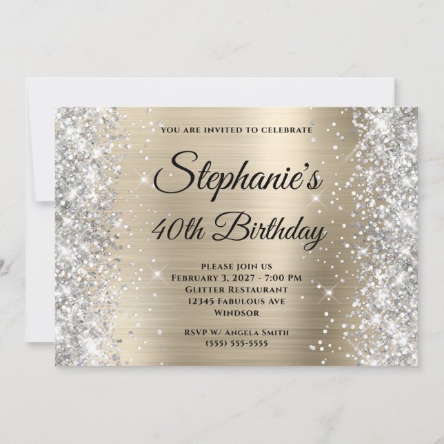 Silver Glitter Pale Gold Monogram 40th Birthday Invitation (Front)