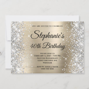 Silver Glitter Pale Gold Monogram 40th Birthday Invitation