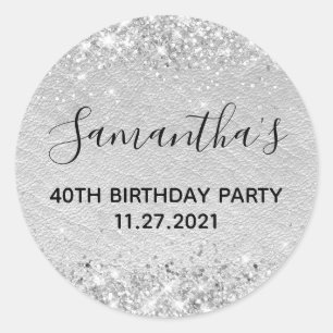 Silver Glitter Pale Grey Leather 40th Birthday Classic Round Sticker