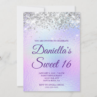 Silver Glitter Pale Iridescent Foil Sweet 16 Invitation