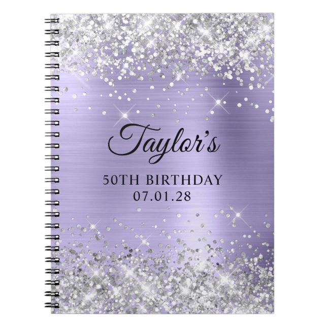Silver Glitter Pale Lavender 50th Birthday Guest Notebook (Front)