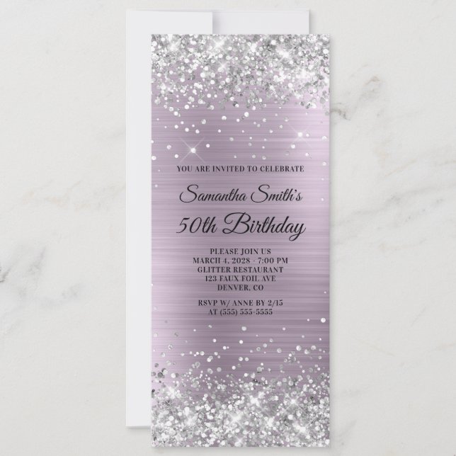 Silver Glitter Pale Lavender Foil 50th Birthday Invitation (Front)