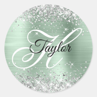Silver Glitter Pale Mint Foil Fancy Monogram Classic Round Sticker
