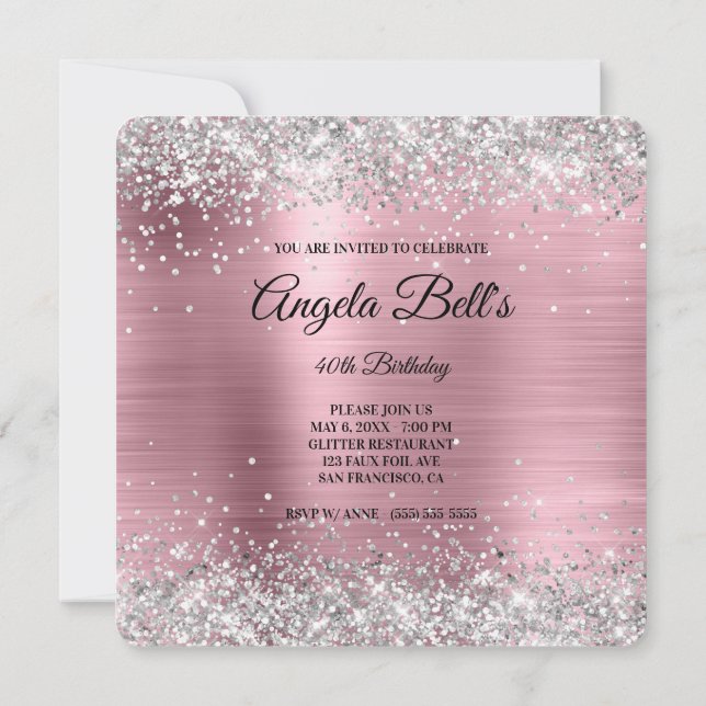 Silver Glitter Pale Pink Foil Fancy Monogram Invitation (Back)