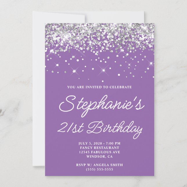 Silver Glitter Pale Purple 21st Birthday Invitation (Front)