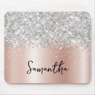 Silver Glitter Pale Rose Gold Shimmer Name Mouse Mat