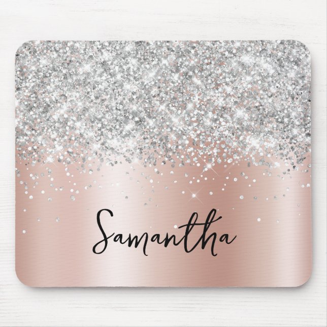 Silver Glitter Pale Rose Gold Shimmer Name Mouse Mat (Front)