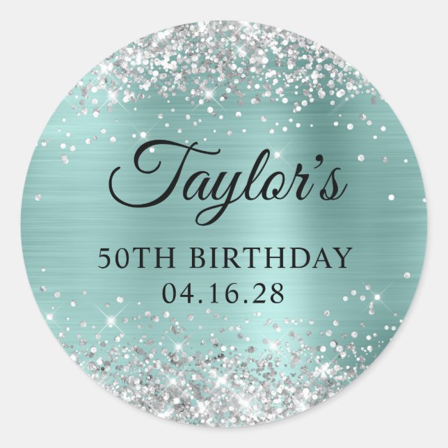 Silver Glitter Pale Turquoise Foil 50th Birthday Classic Round Sticker (Front)
