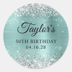 Silver Glitter Pale Turquoise Foil 50th Birthday Classic Round Sticker