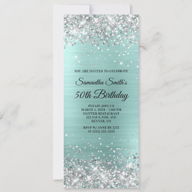 Silver Glitter Pale Turquoise Foil 50th Birthday Invitation (Front)